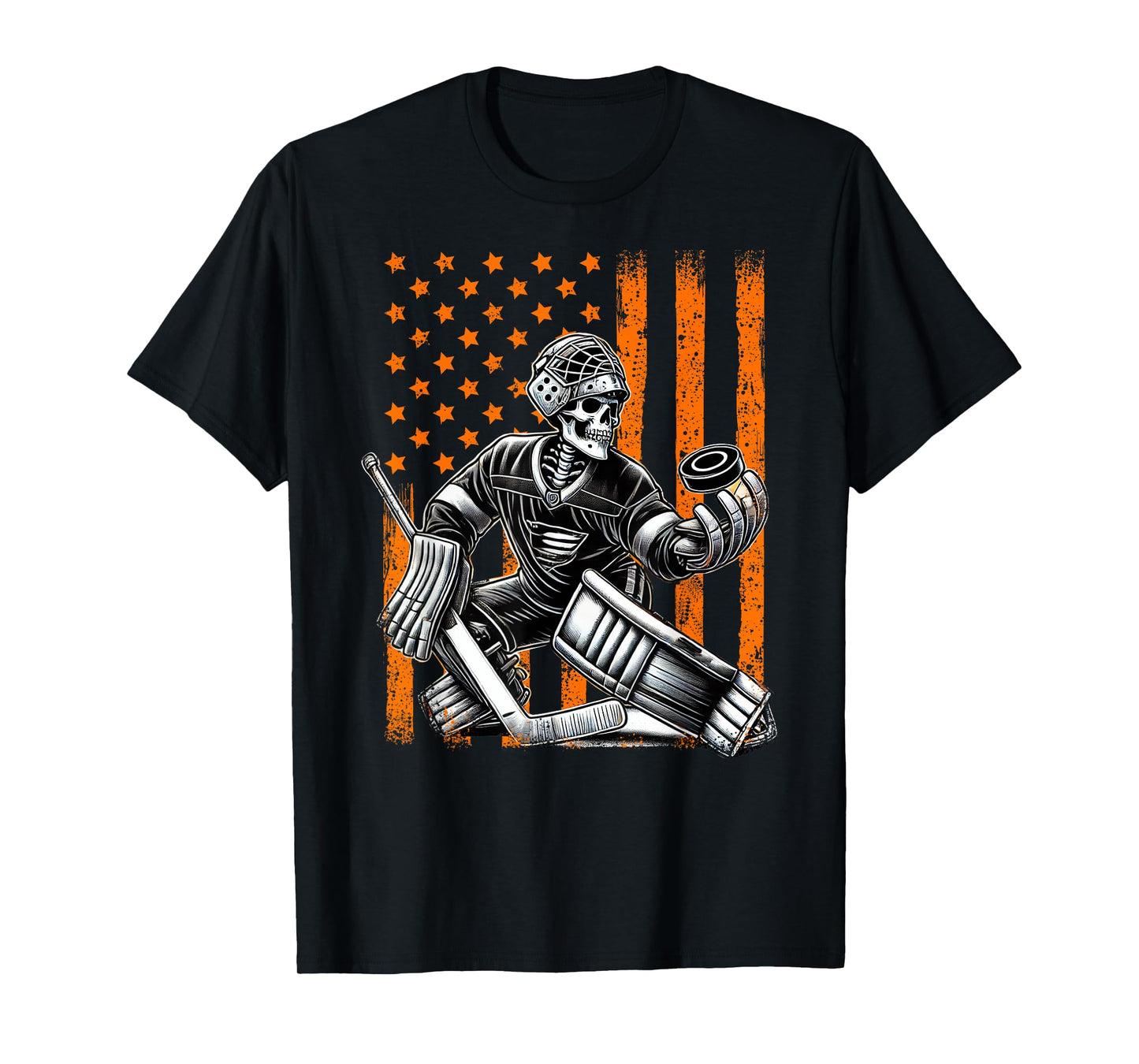 Spooky American Skeleton Ice Hockey Goalie Halloween USA T-Shirt