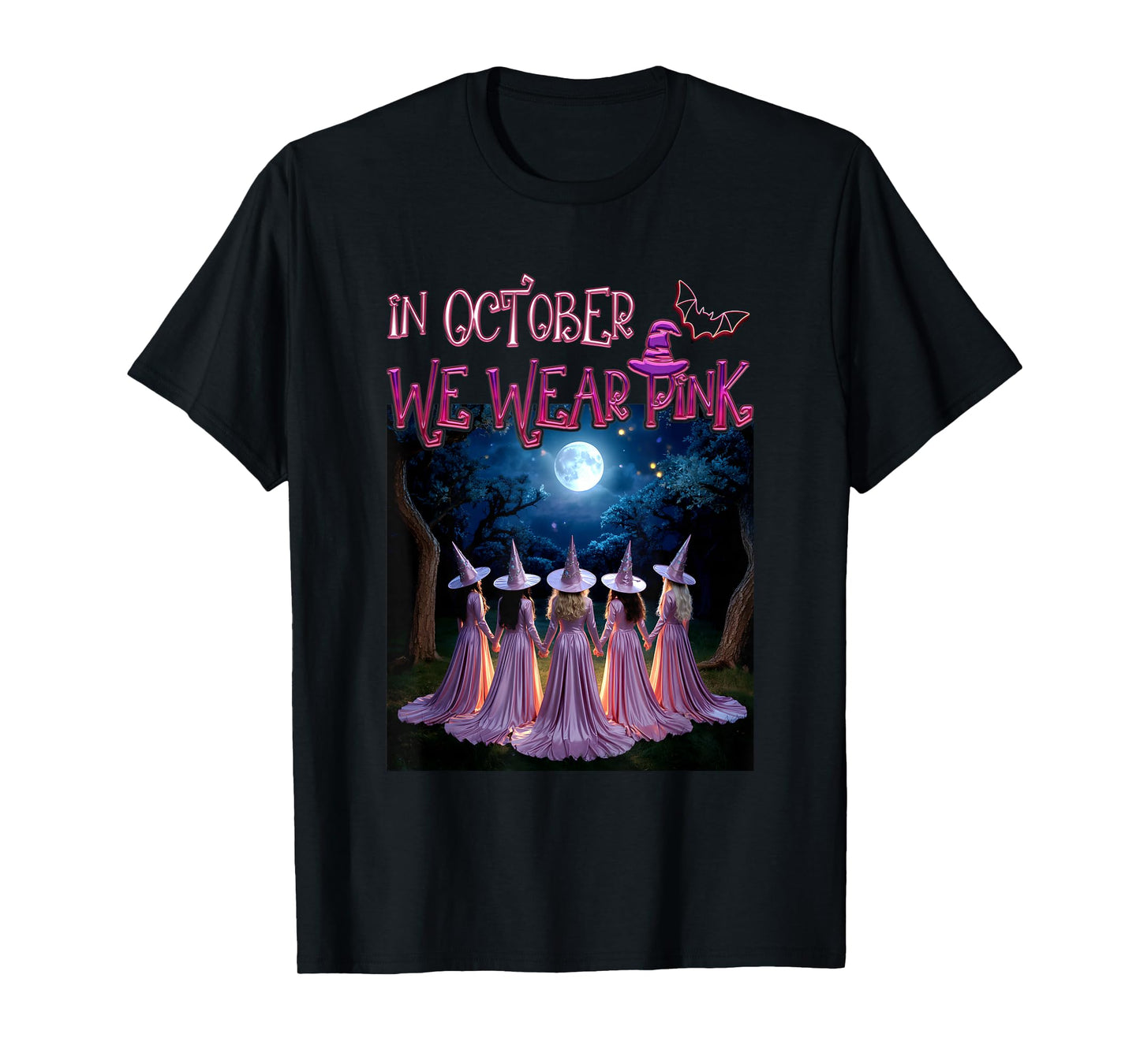 in October We Wear Pink Witches Breast Cancer Awareness Moon T-Shirt