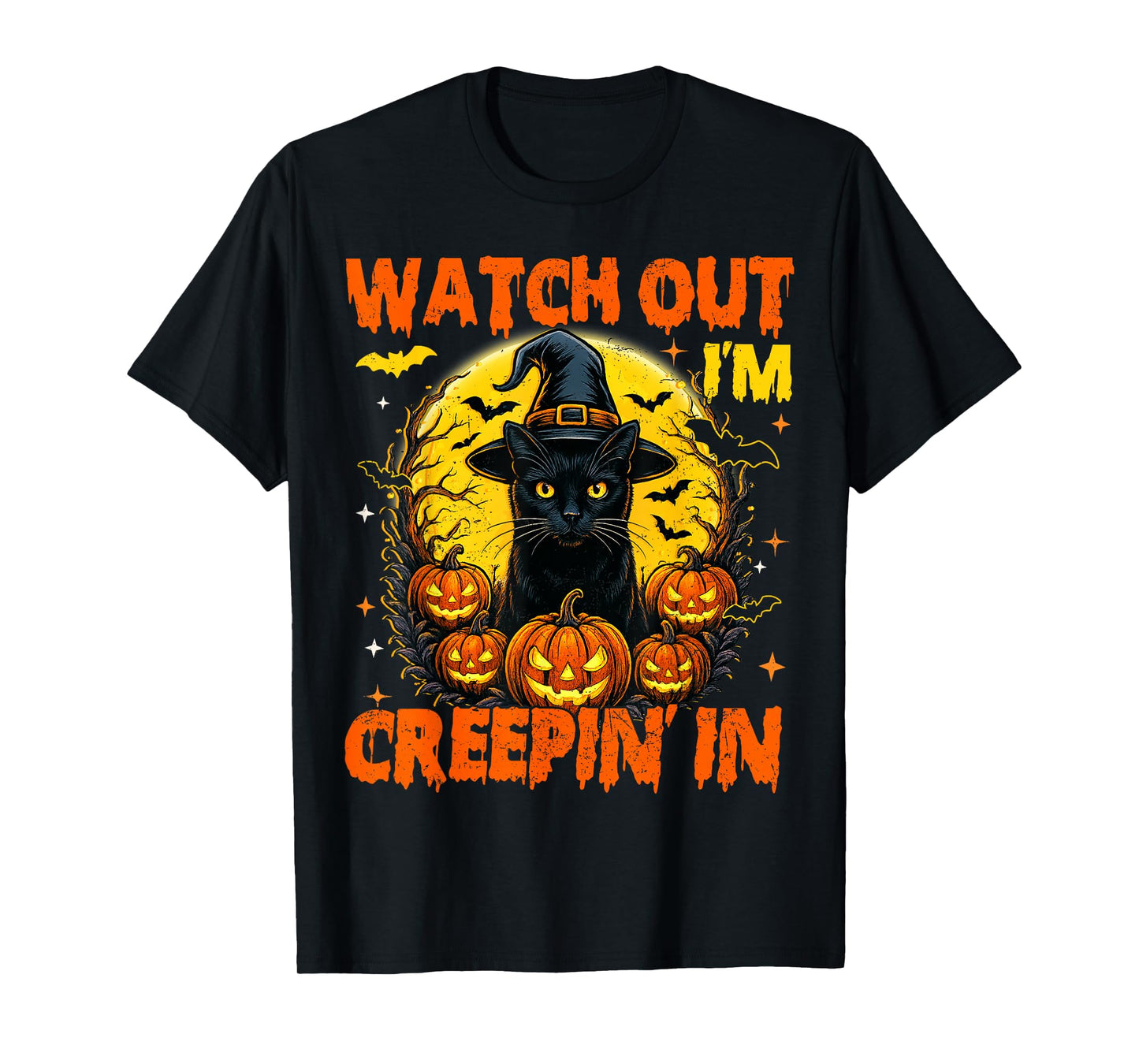 Black Cat Halloween Pumpkin Costume Creepin in Spooky Autumn T-Shirt