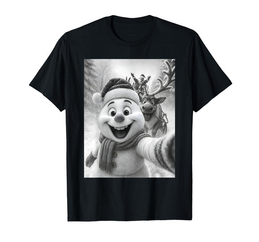 Santa Snowman Reindeer Taking A Selfie Photo Christmas Funny T-Shirt