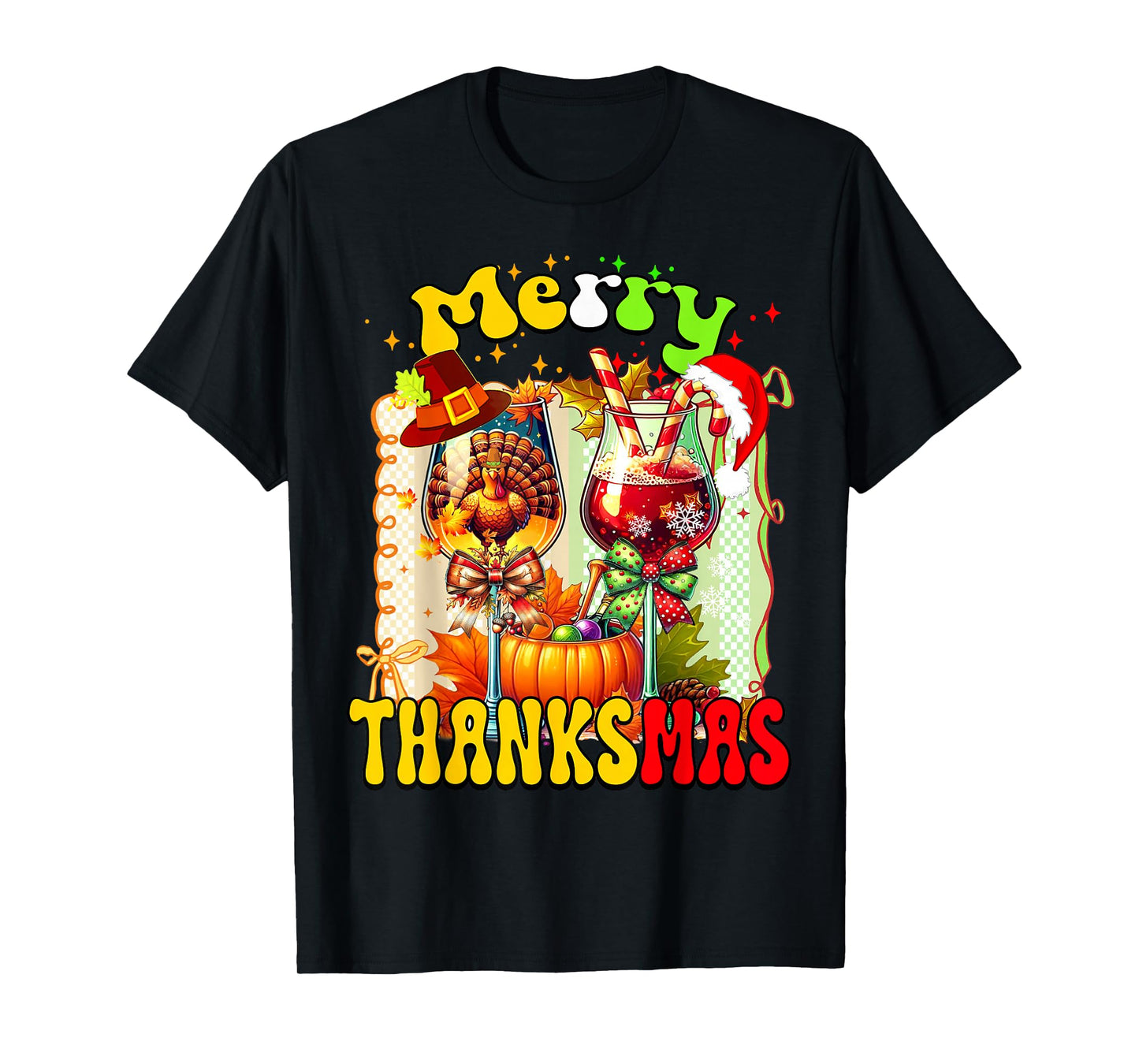 Merry Thanksmas Two Wine Glass Thanksgiving Christmas Pajama T-Shirt