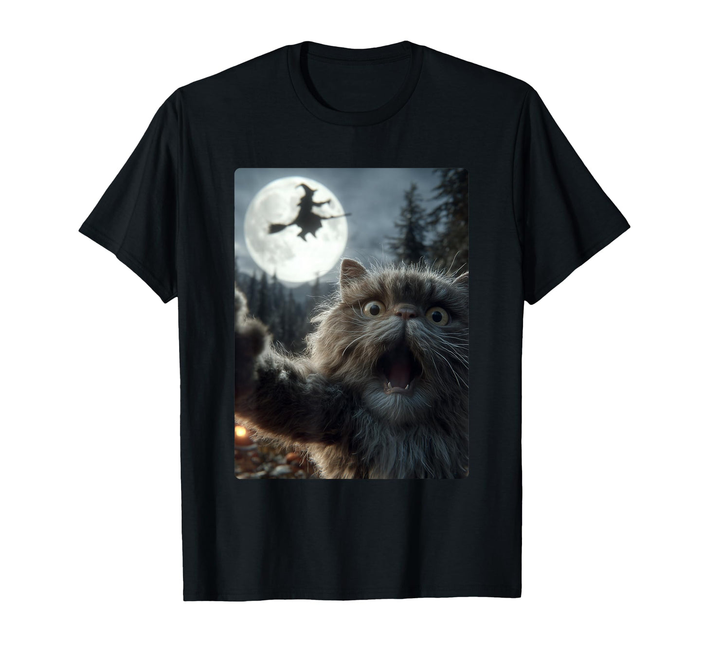 Funny Persian Cat Selfie Full Moon Flying Witch Halloween T-Shirt