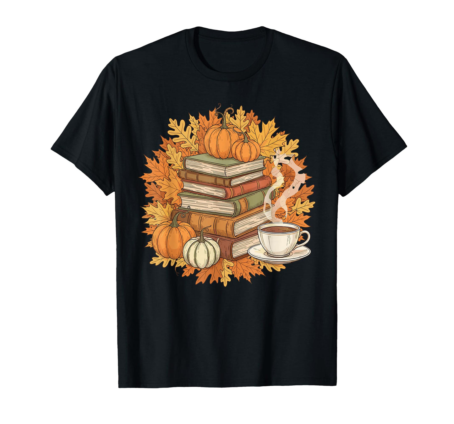 Books Coffee Fall Leaves and Pumpkins Vintage Library T-Shirt