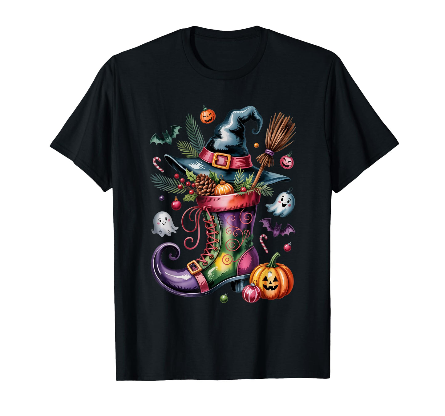 Whimsical Witch Boot Halloween Cute Spooky Ghosts, Pumpkins T-Shirt