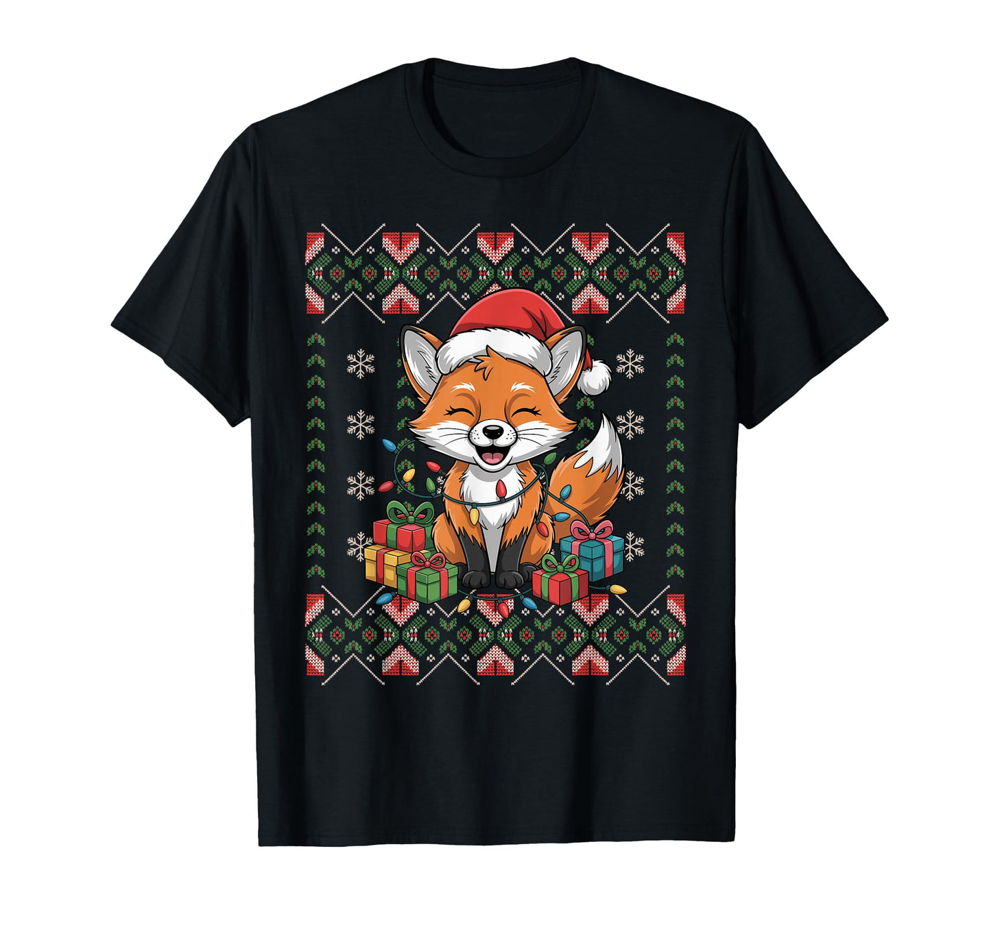 Santa Fox Christmas Ugly Sweater Funny Holiday Pajamas T-Shirt