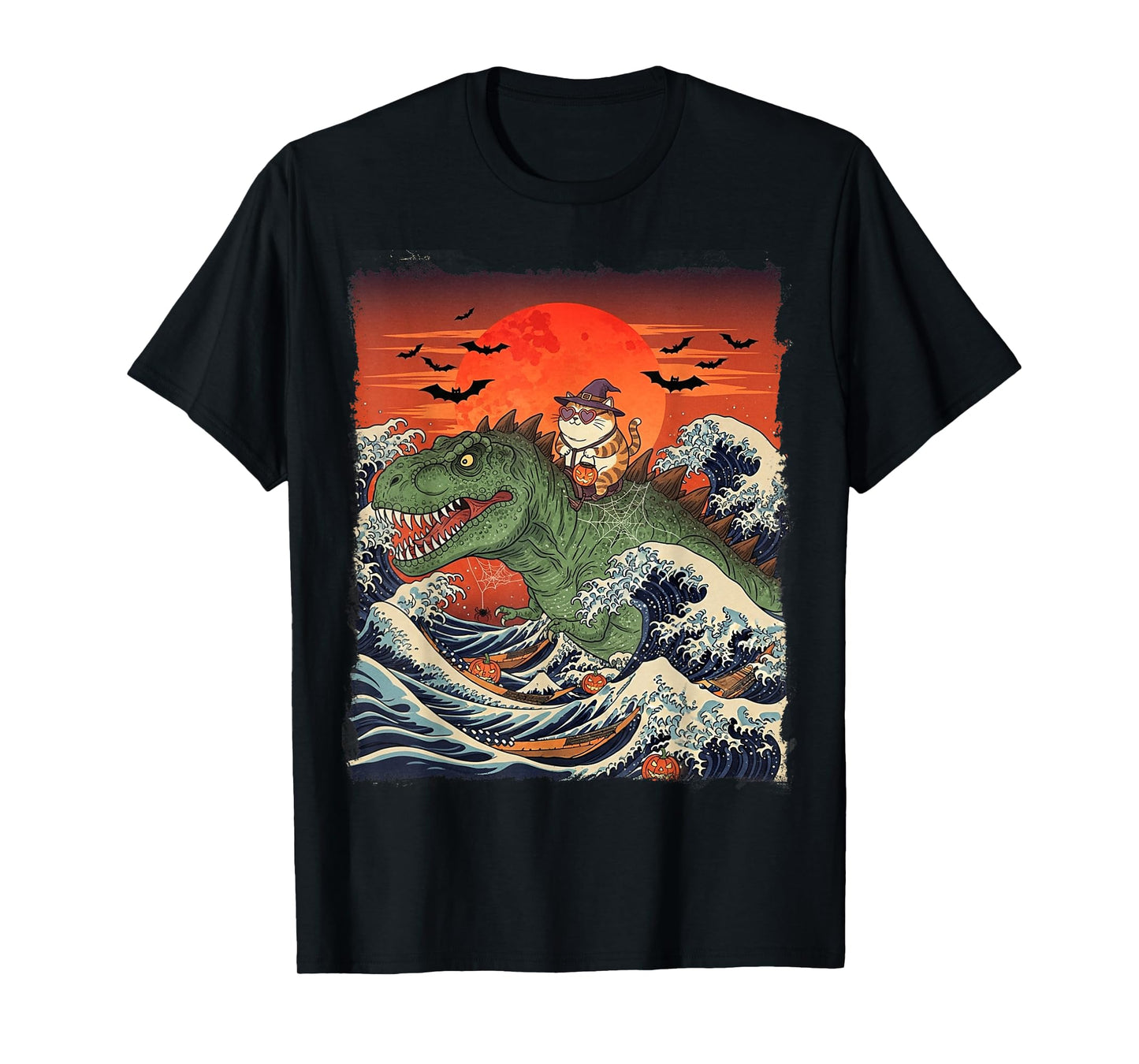 Funny Halloween Cat Witch Riding Dinosaur T-Rex Ukiyo-e Wave T-Shirt