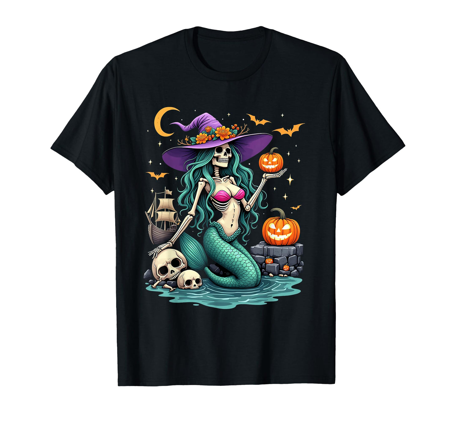 Skeleton Mermaid Witch Hat Pumpkins Ship Halloween Night T-Shirt