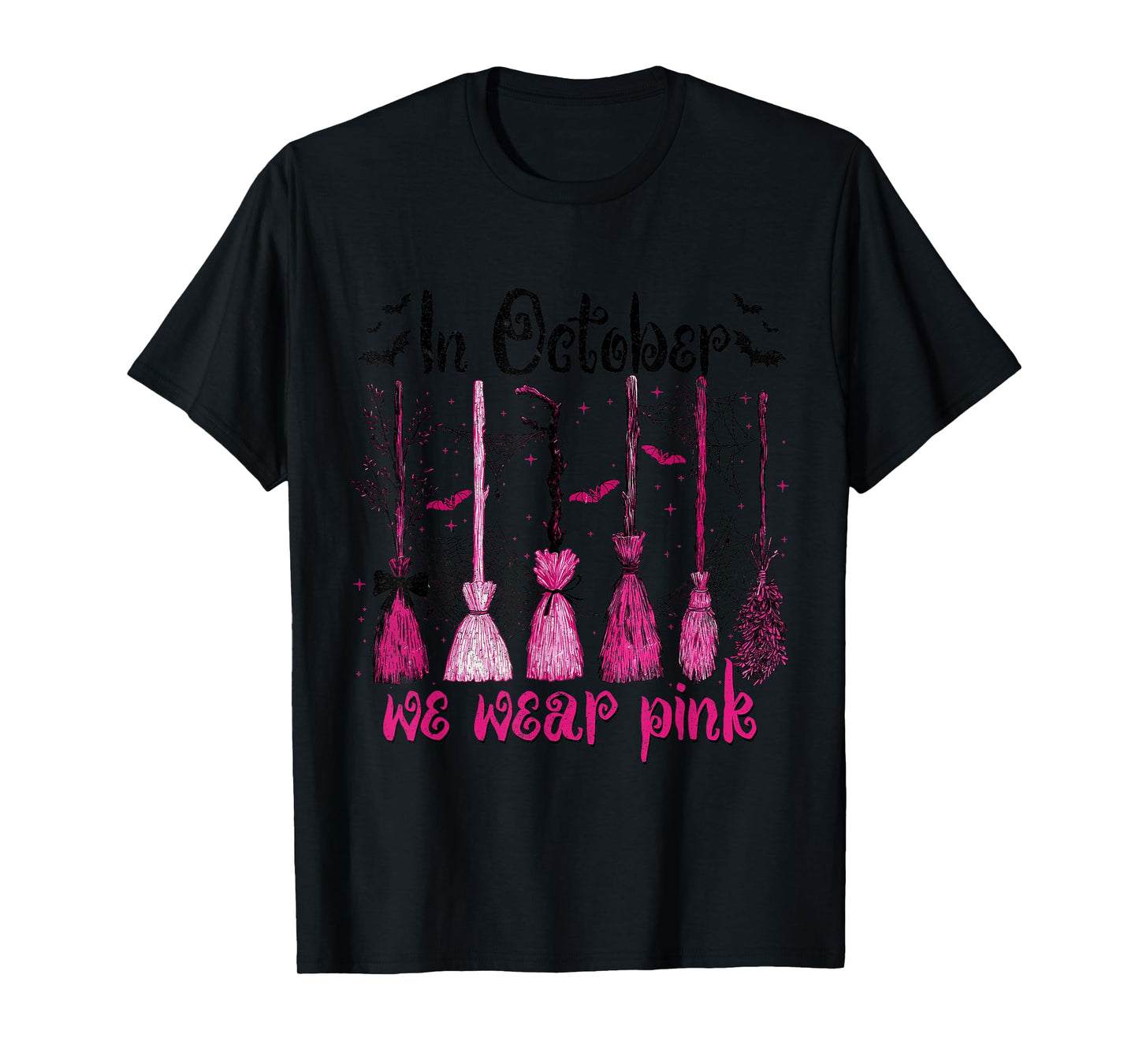 in October We Wear Pink Witches Brooms Spooky Breast Cancer T-Shirt