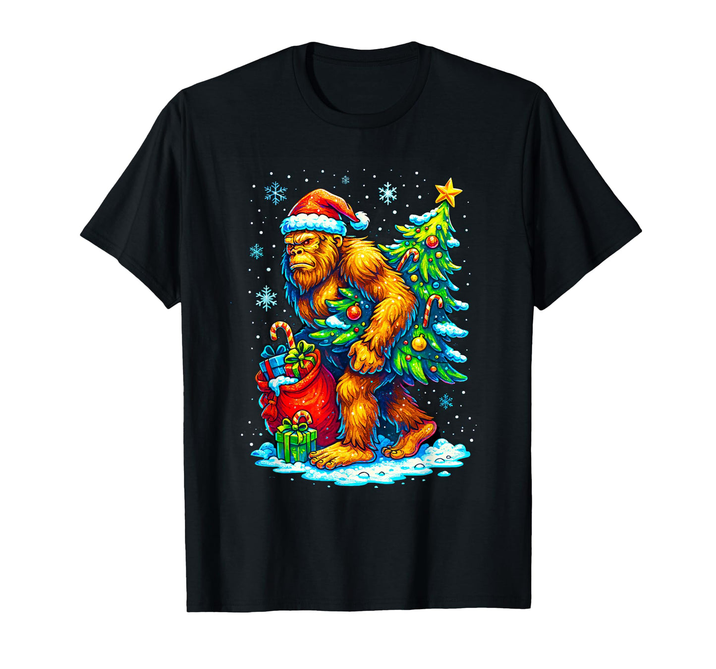 Bigfoot Christmas Tree Santa Hat Funny Sasquatch Xmas Lights T-Shirt