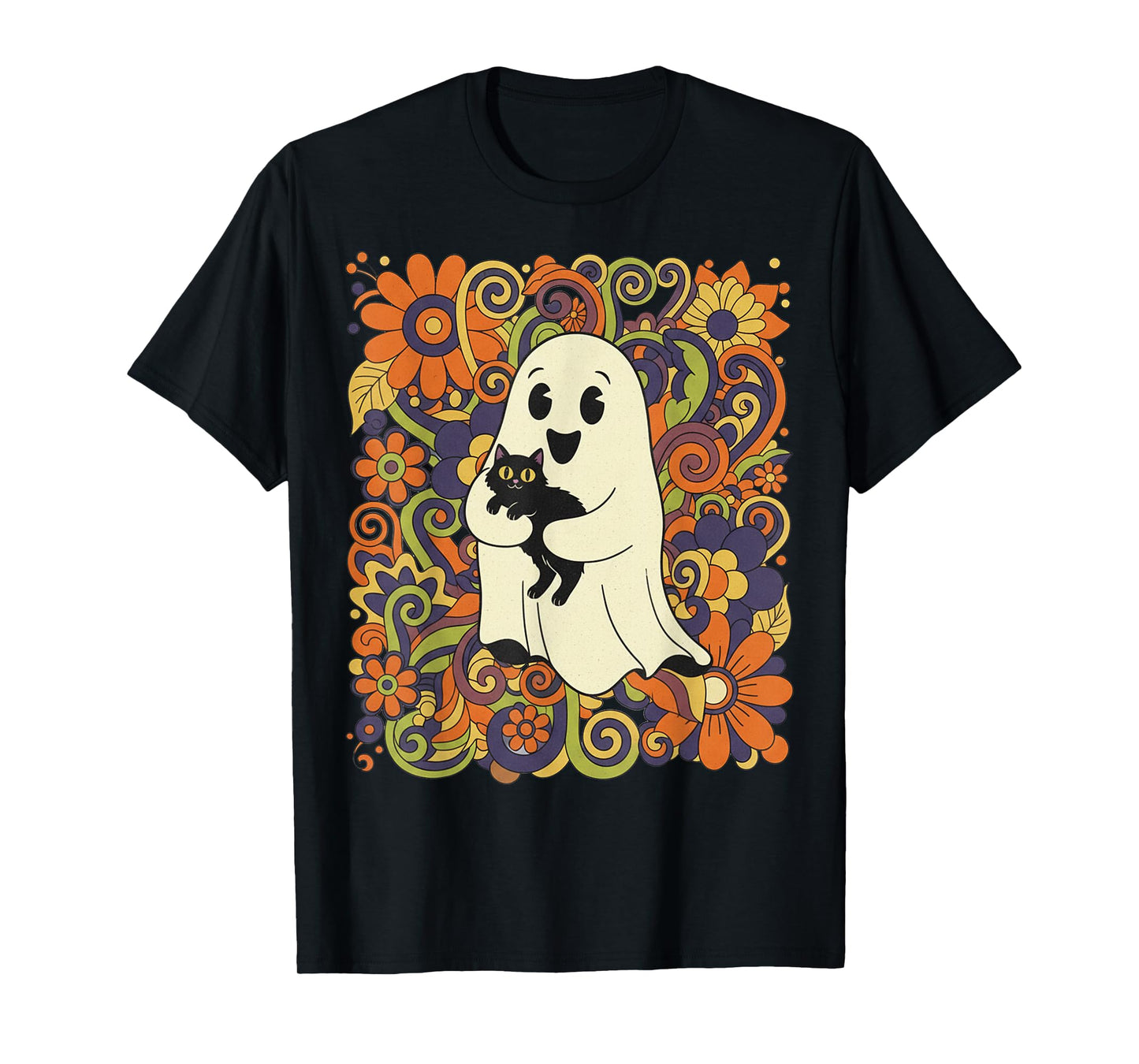 Groovy Floral Ghost Holding Black Cat Vintage Halloween T-Shirt