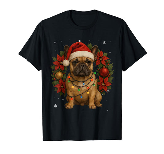 Festive Pug Christmas Dog Lights Wreath Xmas Holidays T-Shirt