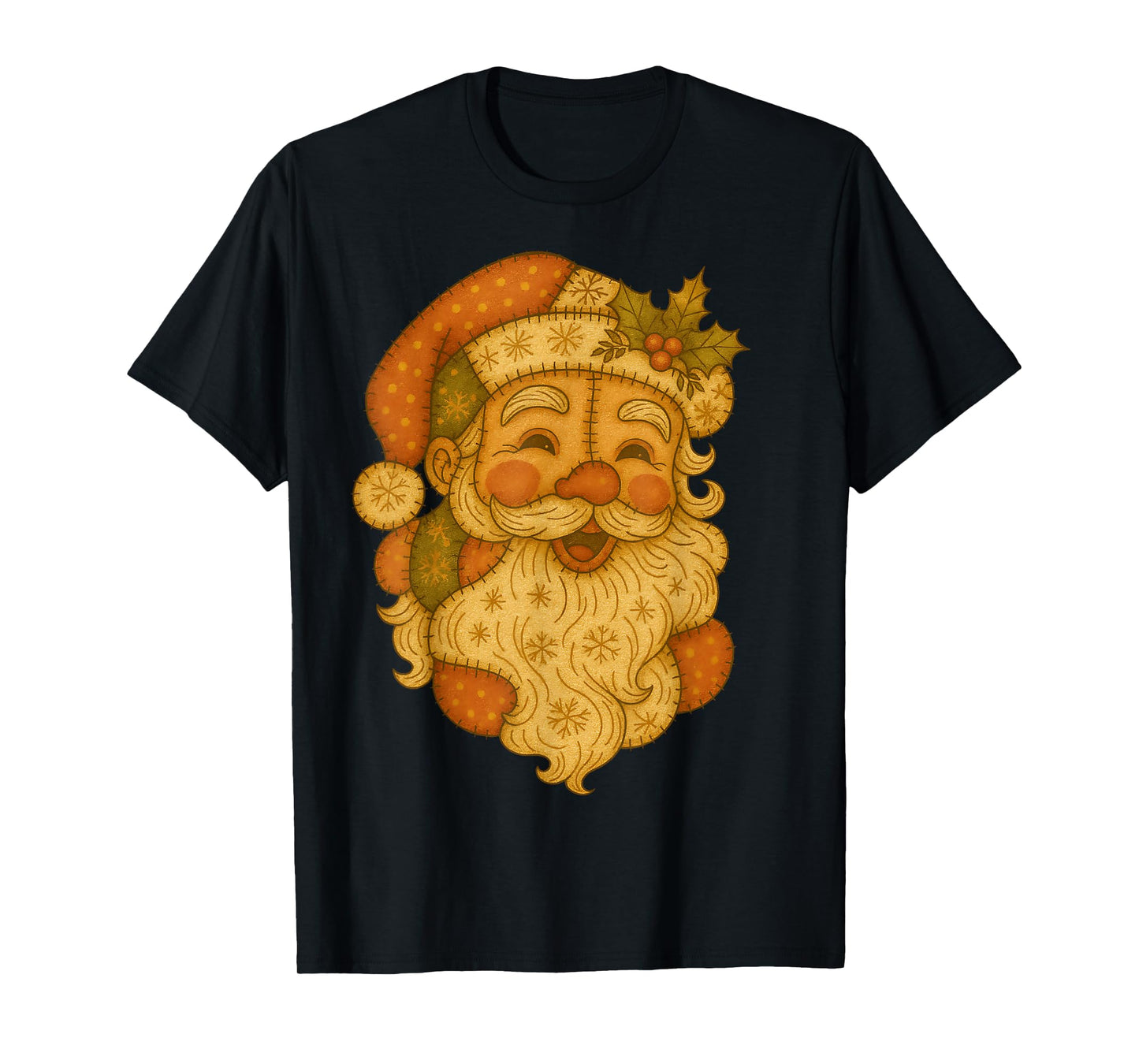 Patchwork Santa Claus Face Vintage Christmas Folk Art T-Shirt