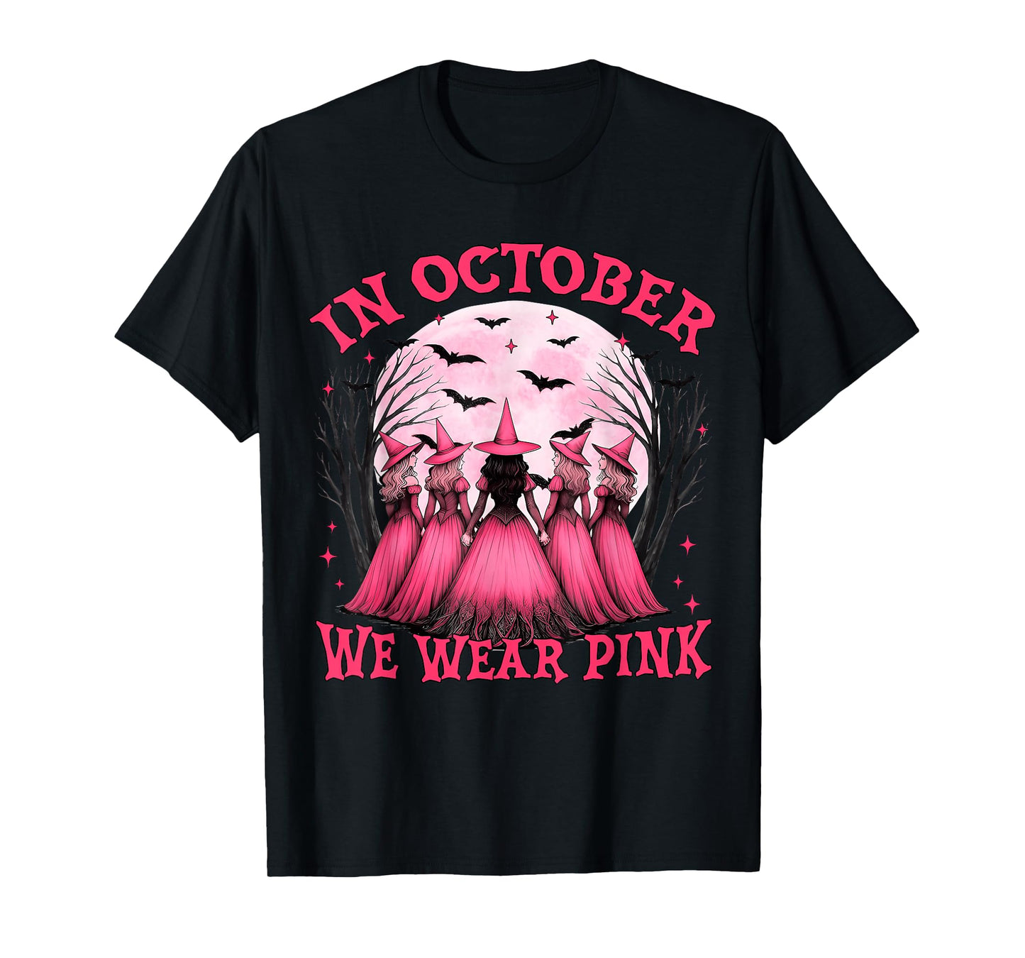 in October We Wear Pink Witch Halloween Breast Cancer Women T-Shirt