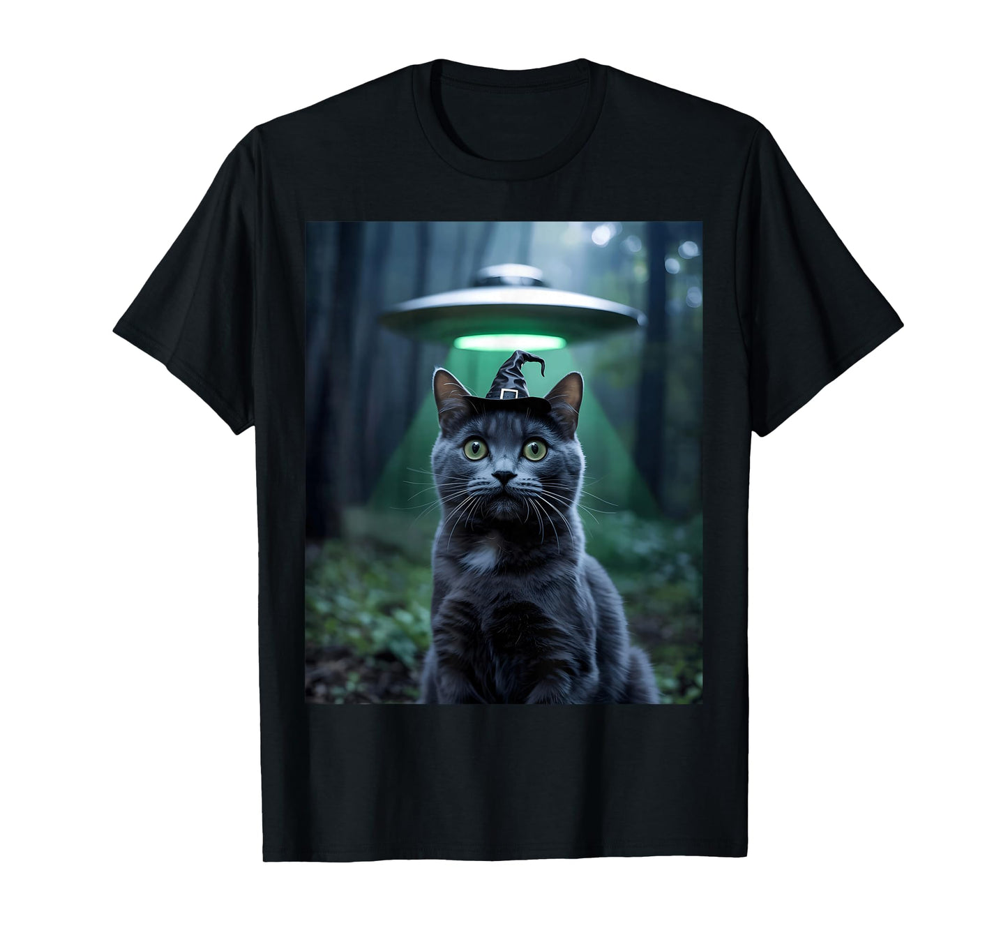Cat with Witch Hat and UFO in Forest T-Shirt