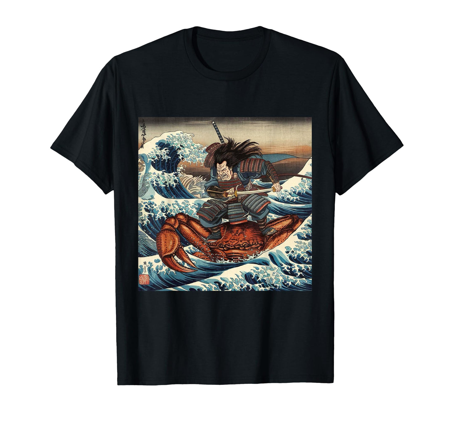 Japanese Retro Samurai Riding Giant Sea Crab Great Wave Art T-Shirt