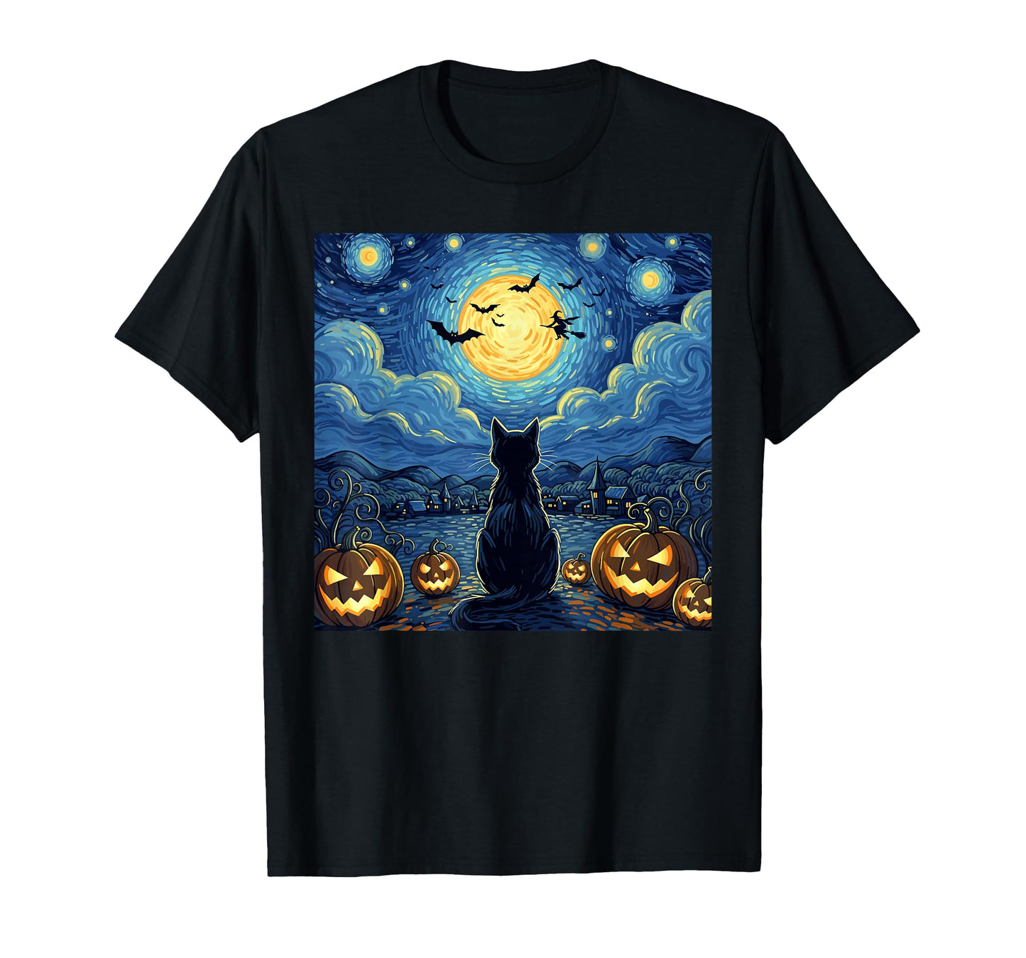 Halloween Black Cat Starry Night Witch Pumpkin Moon T-Shirt