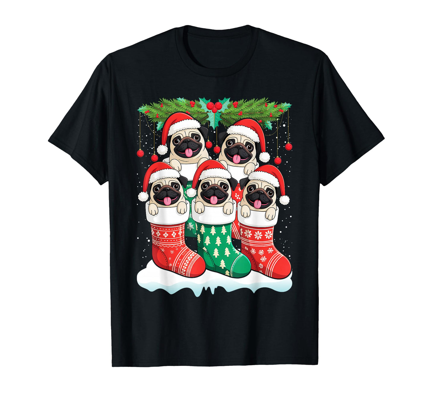 Santa Pugs in Christmas Socks Funny Xmas Dog Lover Pug Mom T-Shirt