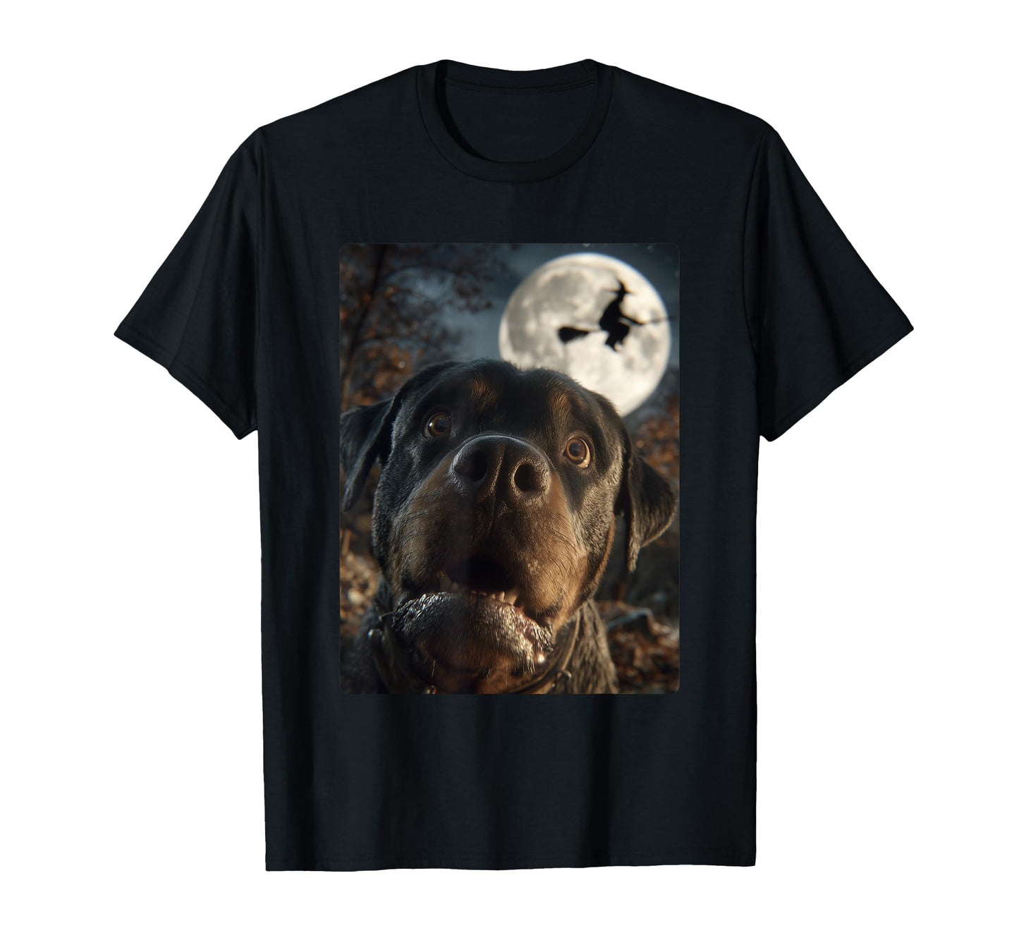 Funny Rottweiler Selfie Full Moon Flying Witch Halloween Dog T-Shirt
