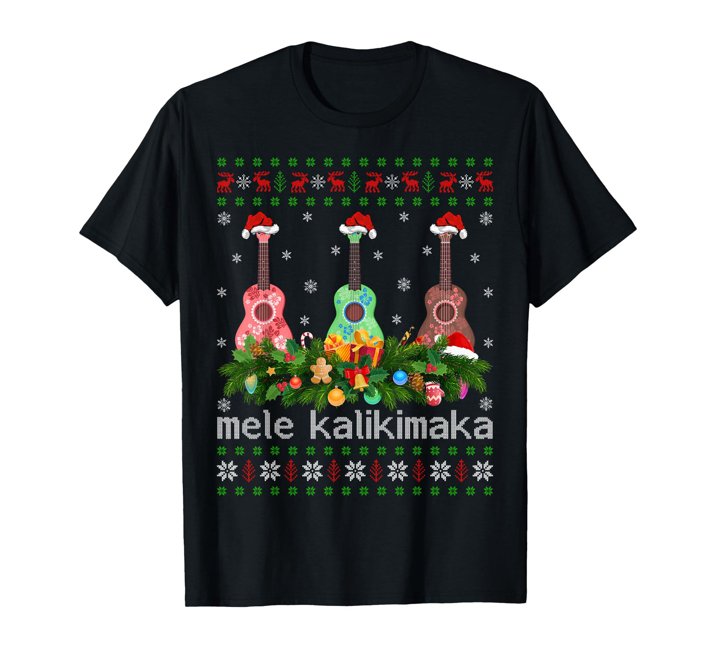 Mele Kalikimaka Ukulele Guitar Christmas Pajamas Ugly Xmas T-Shirt