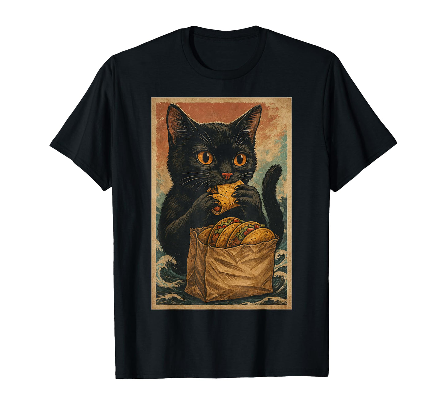 Funny Black Cat Eating Tacos Retro Japanese T-Shirt