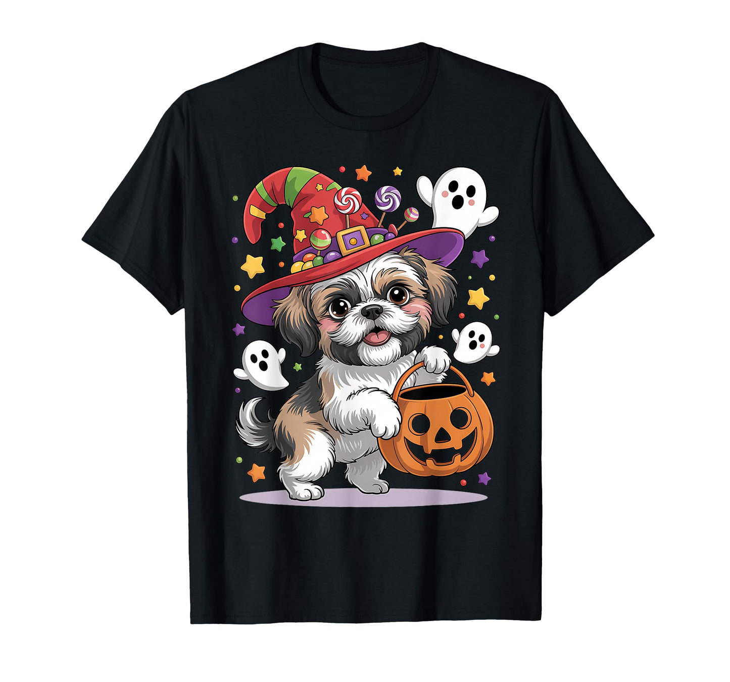 Shih Tzu Dog Pumpkin Ghost Candy Witch Halloween Costume T-Shirt