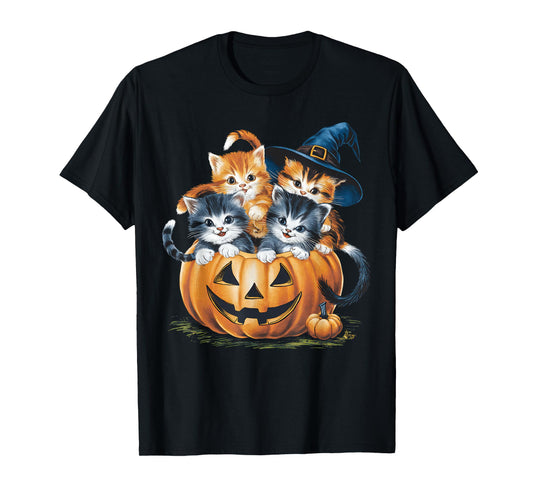 Vintage 90s Cat Pumpkin Halloween Retro Floral Spooky Season T-Shirt