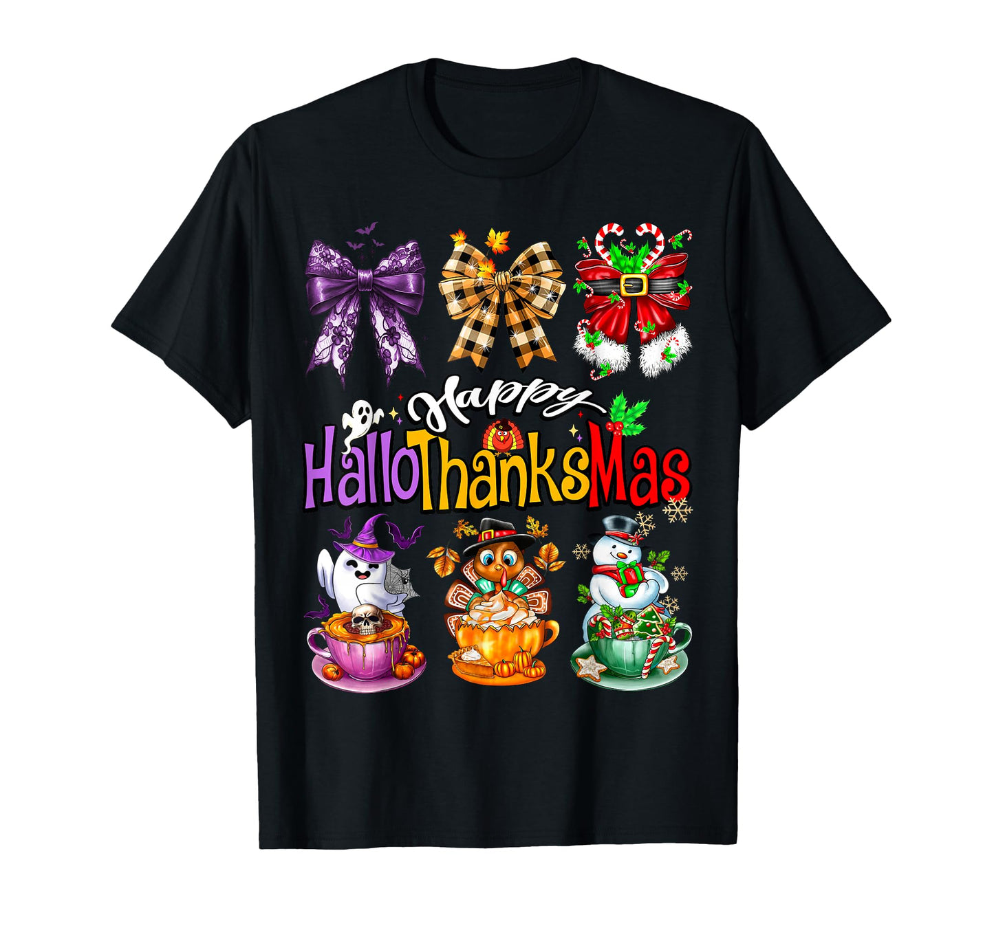 Happy Hallothanksmas Coquette Bow Coffee Latte Candy Cane T-Shirt