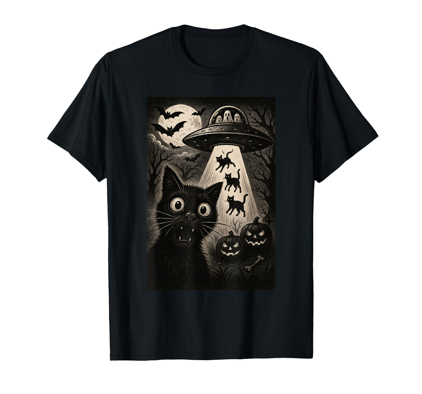 Halloween Cat Selfie Spooky Night Alien Abduction Cats UFO T-Shirt