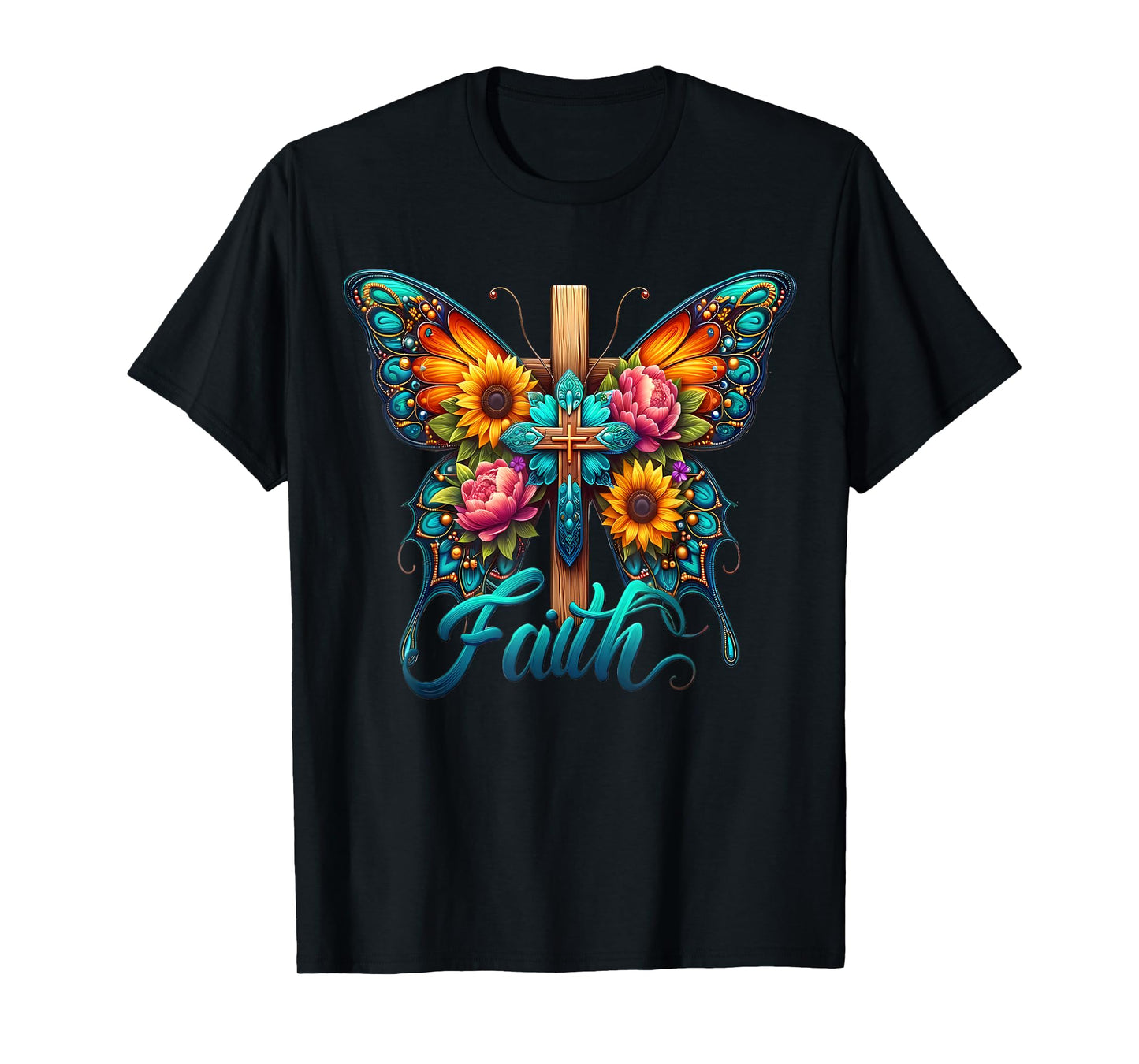 Faith Cross Sunflower Butterflies Flowers Christians Vintage T-Shirt