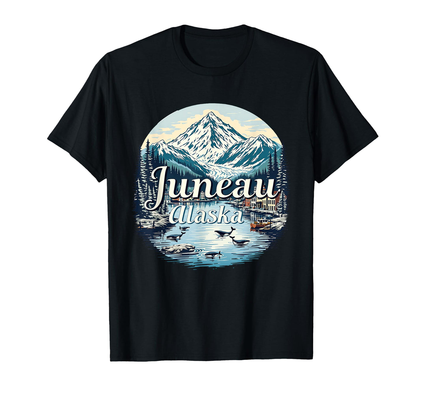 Vintage Juneau Alaska Sunset Skyline Mountains Cityscape T-Shirt