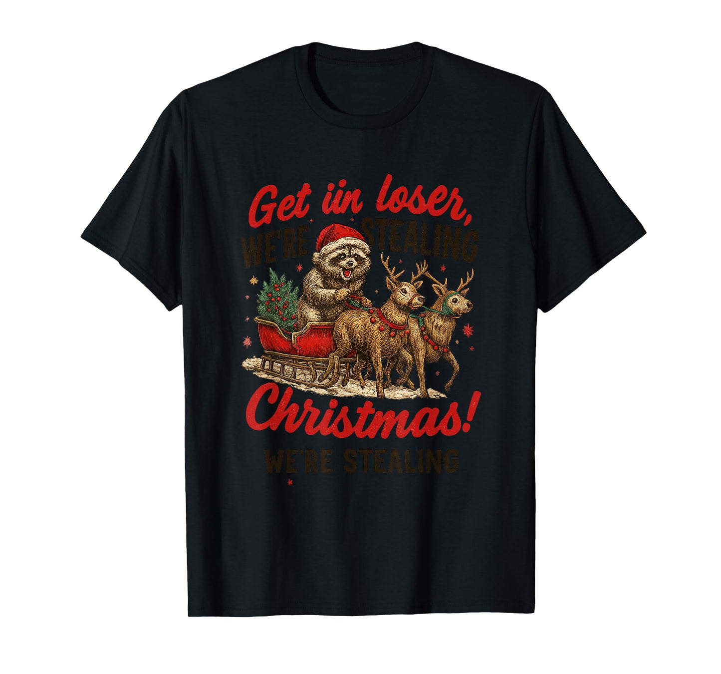 Funny Raccoon Sleigh Ride Christmas Meme Design T-Shirt
