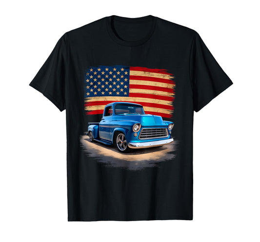 Classic Old Pickup Truck American Flag 4th of July Patriotic T-Shirt