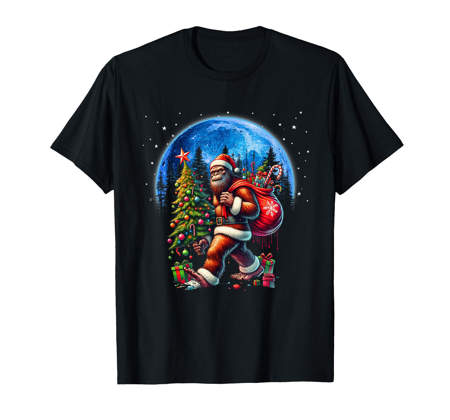 Funny Bigfoot Christmas Tree Xmas Santa Hat Lights Men Boys T-Shirt