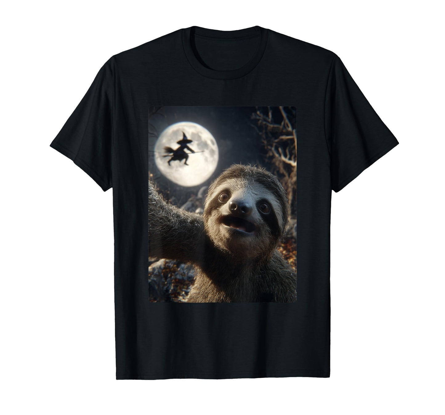 Funny Sloth Selfie Full Moon Flying Witch Forest Halloween T-Shirt
