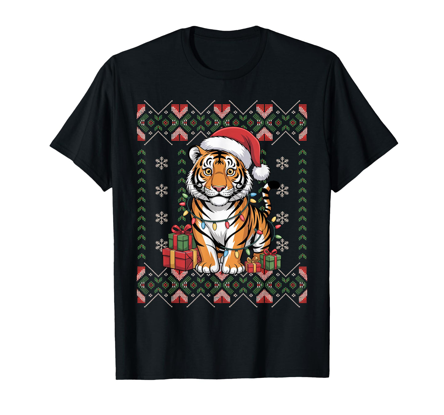 Santa Tiger Christmas Ugly Sweater Funny Holiday Pajamas T-Shirt