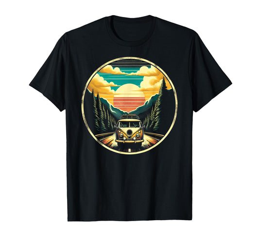 Wanderlust Wonders Retro Van Scenic Adventure T-Shirt, Small, Black