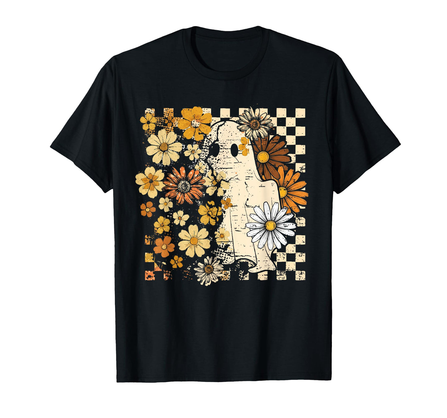 Boho Floral Fall Ghost Thanksgiving Autumn Vibes Halloween T-Shirt
