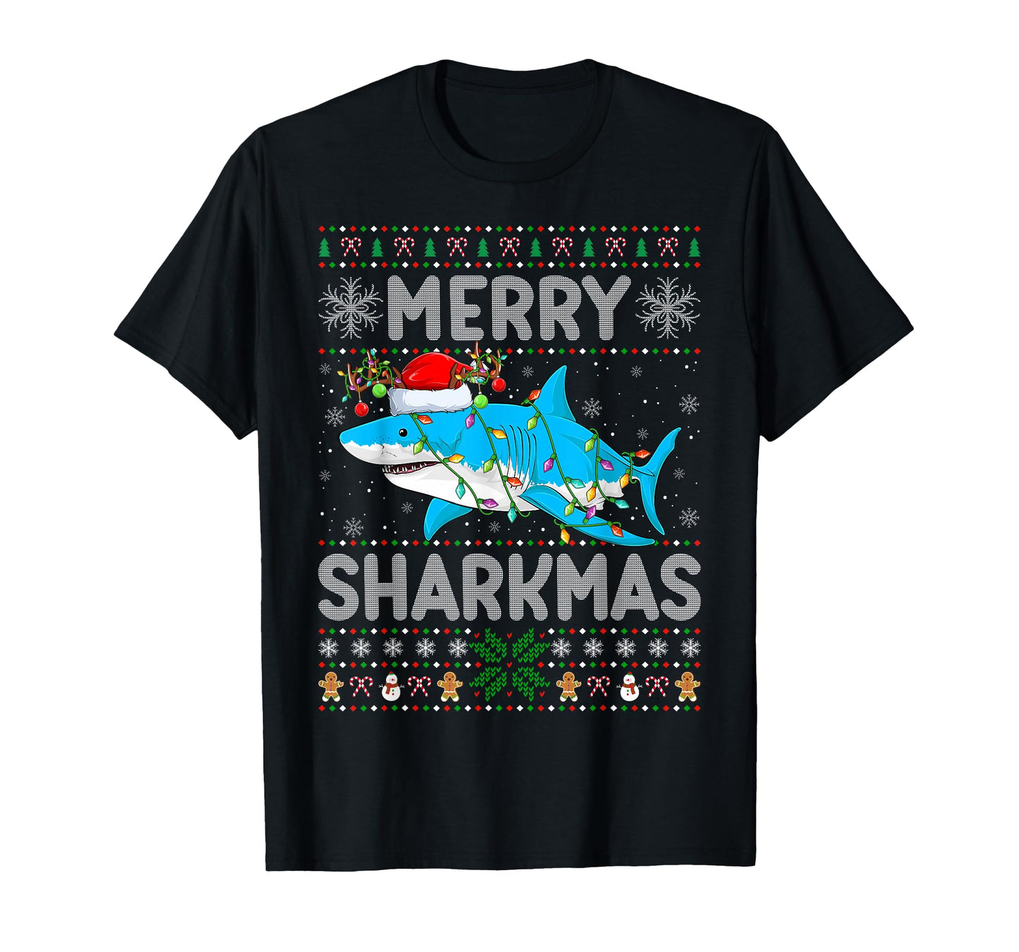 Shark Christmas Lights Ugly Sweater Style Shark Xmas Pajamas T-Shirt