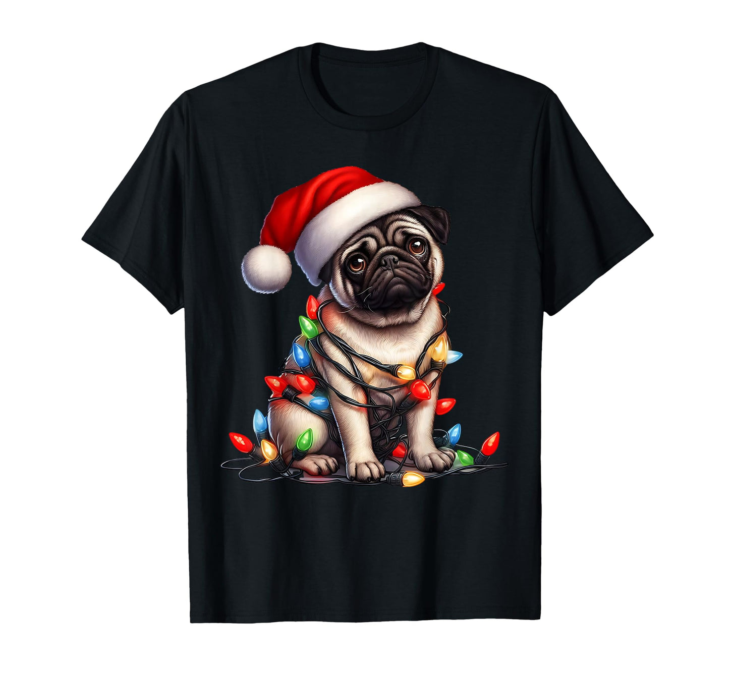 Pug Dog Christmas Lights Santa Hat Dog Lover T-Shirt