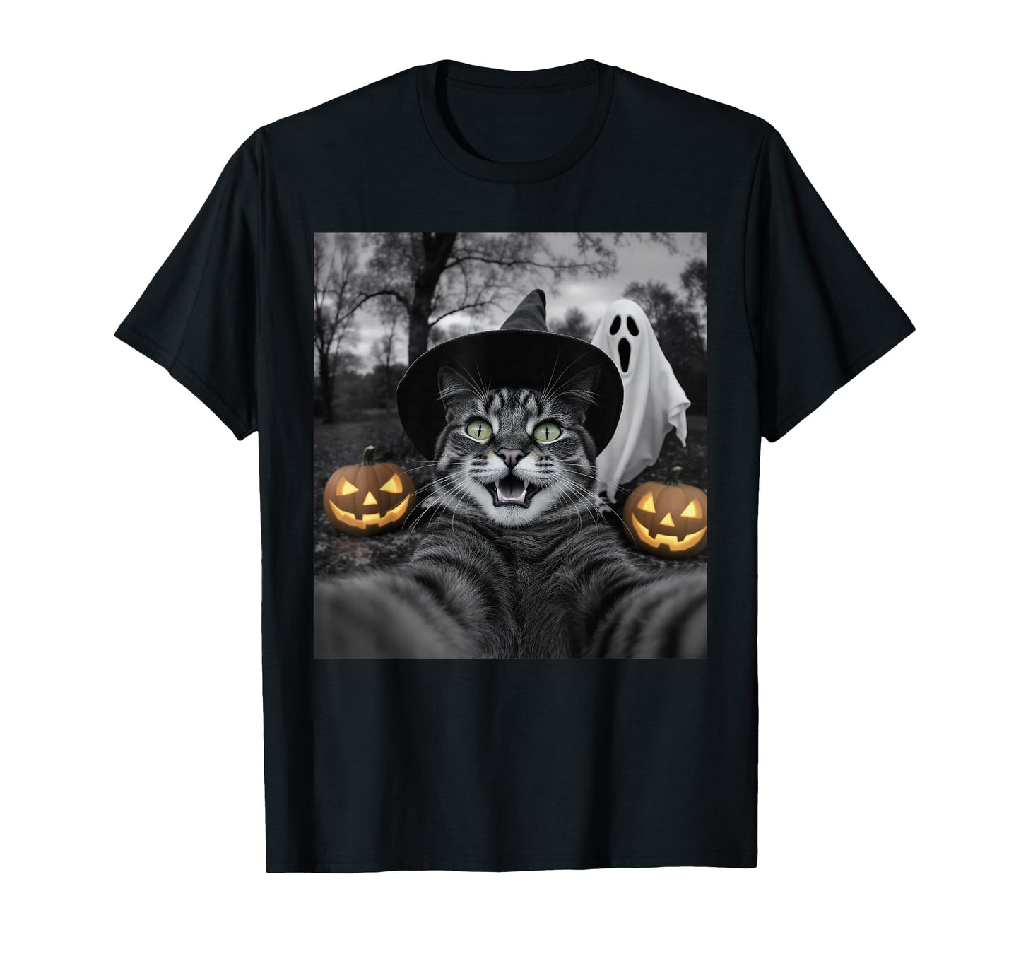 Funny Cat Selfie with a Witch & Ghost Scary Halloween T-Shirt