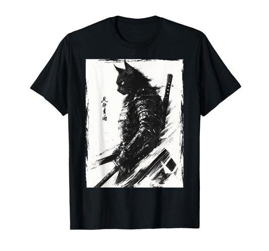Samurai Warrior Cat Graphic Tee Vintage Japanese Art Anime T-Shirt