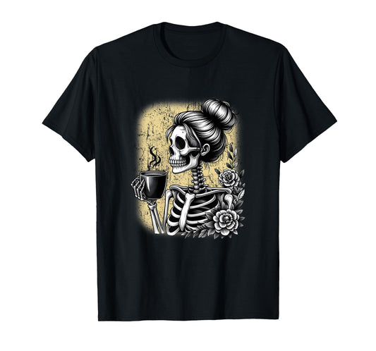 Messy Bun Skeleton Drinking Coffee Vintage Halloween Funny T-Shirt