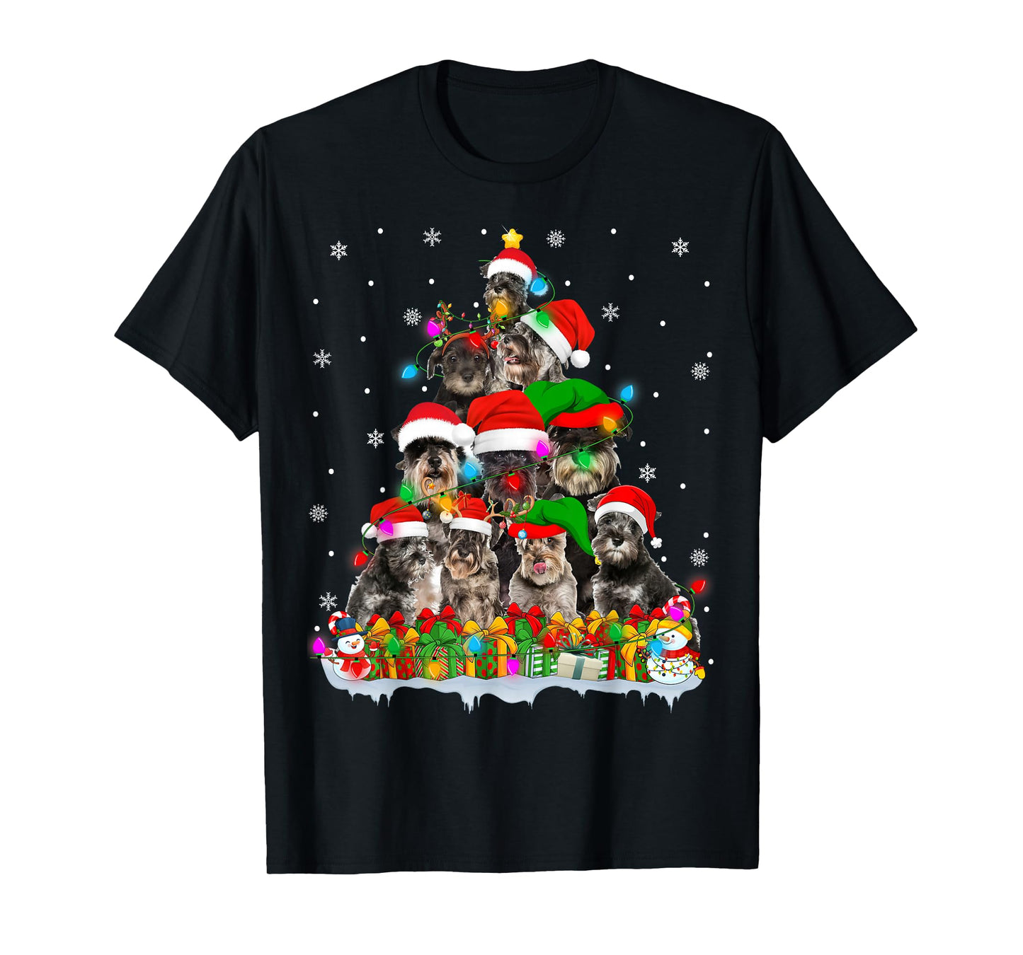 Schnauzer Dog Christmas Tree Lights Xmas Sweater Santa Dog T-Shirt