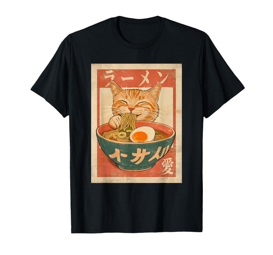 Cat Ramen Funny Vintage Graphic Tee Kawaii Japanese Anime T-Shirt