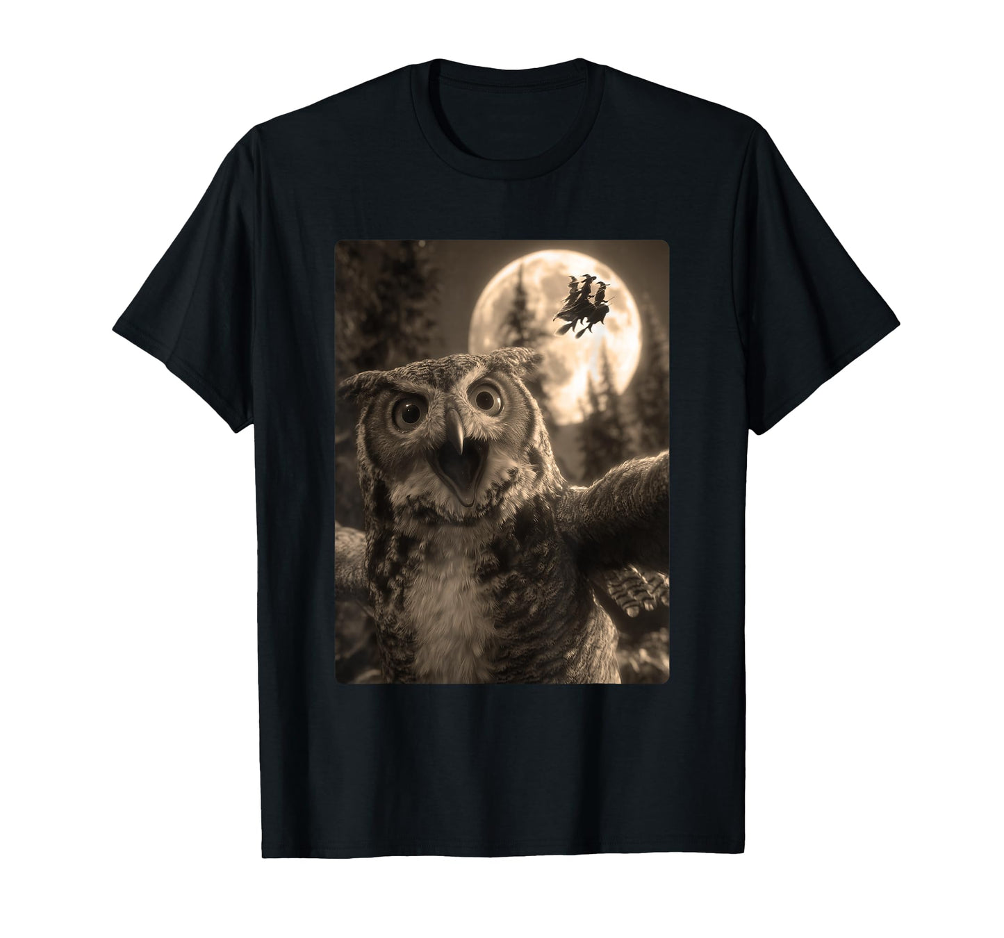 Funny Owl Selfie Full Moon Flying Witches Forest Halloween T-Shirt