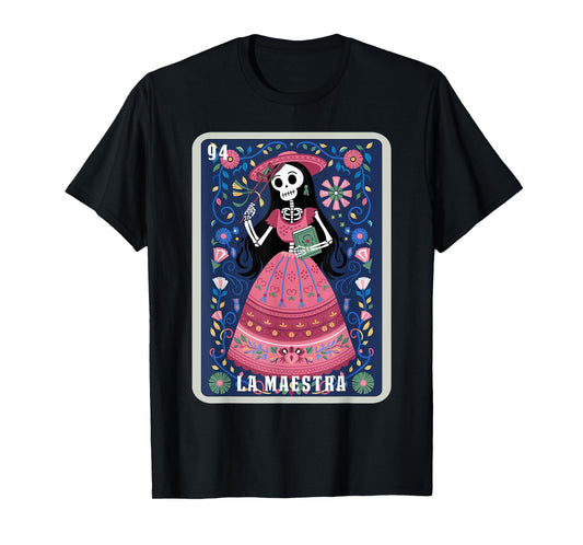 La Maestra Halloween Mexican Bingo Card Teacher Lottery Card T-Shirt