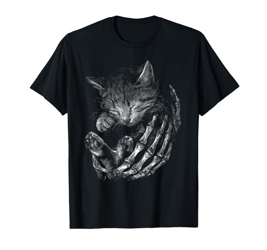 Vintage Skeleton Hand Hugging Kitten Halloween Cat T-Shirt