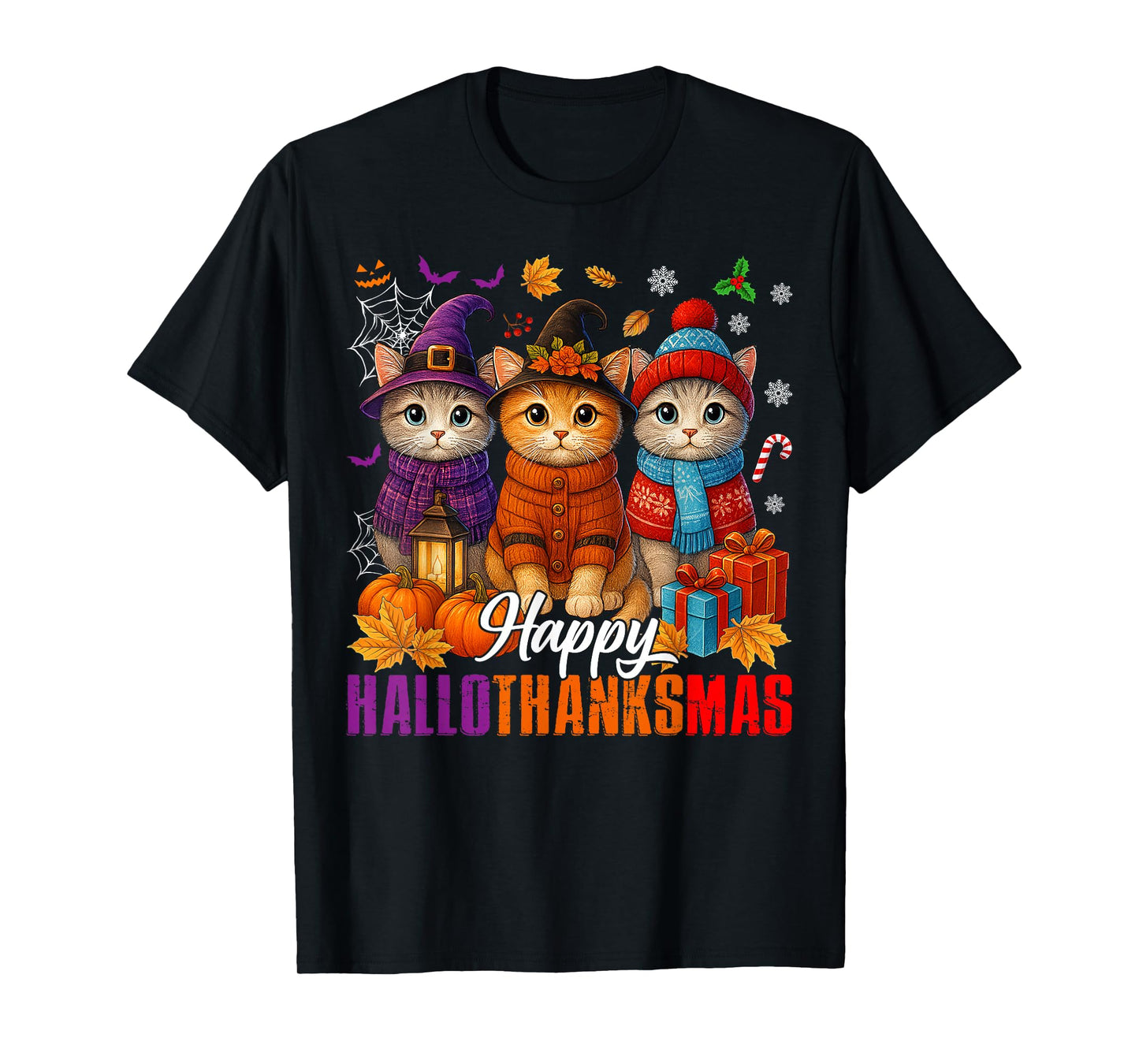 Happy Hallothanksmas Cats Halloween Thanksgiving Christmas T-Shirt
