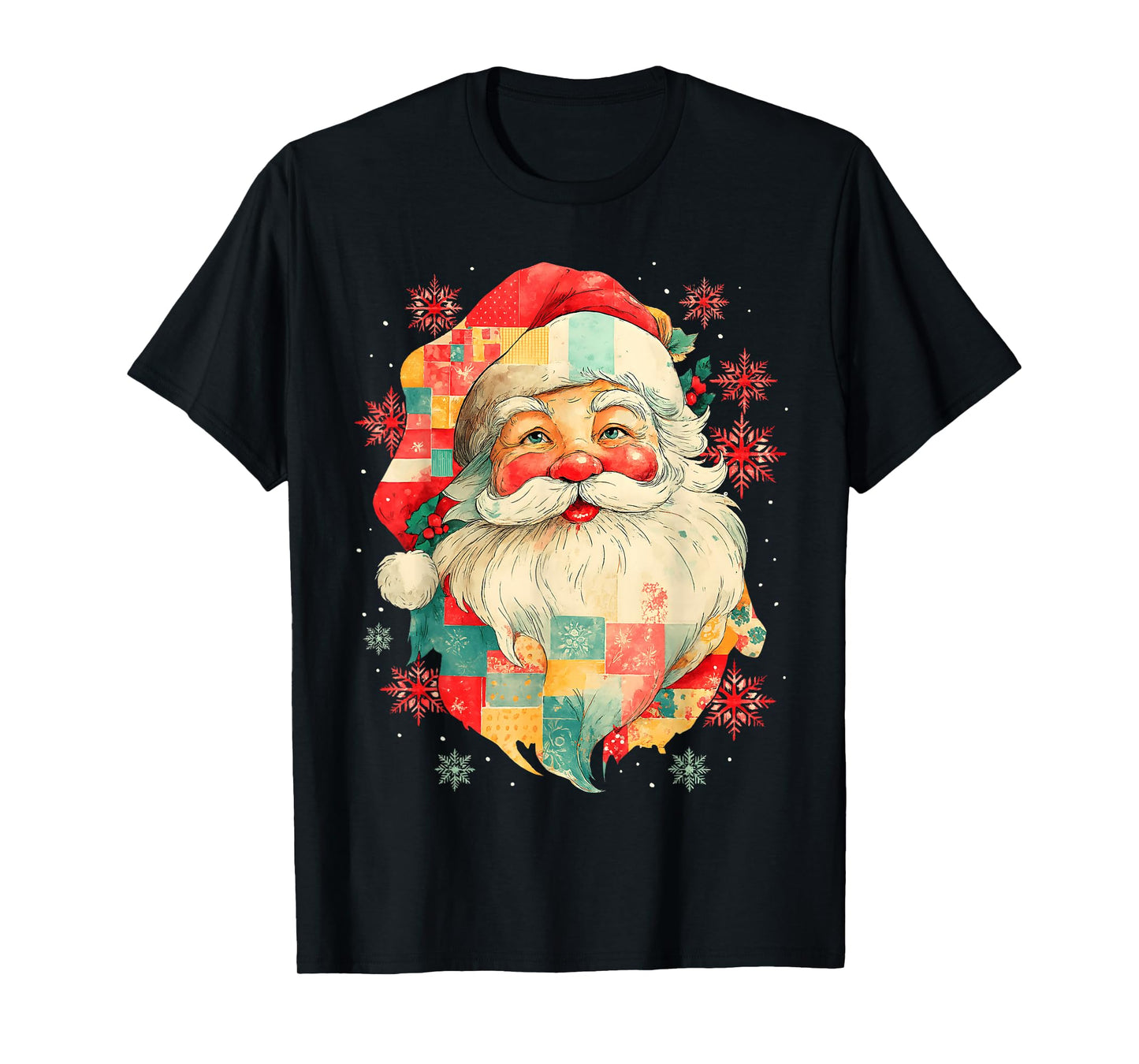 Vintage Patchwork Santa Claus Face Christmas Family Xmas T-Shirt