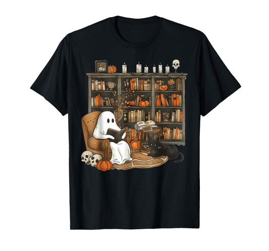 Retro Ghost Reading Books cat, Librarian Ghost Halloween T-Shirt
